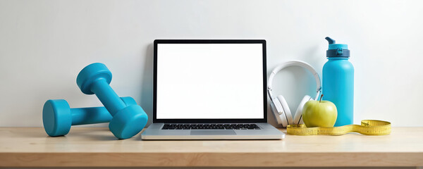 Modern laptop with blank screen, blue dumbbells, white headphones, green, blue water bottle sit on wood table. Arrangement suggests online fitness training, healthy lifestyle, home workout, wellness