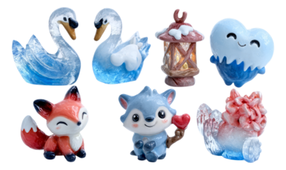 Festive Translucent Crystal Figurines in Icy Colors Against a Transparent Background