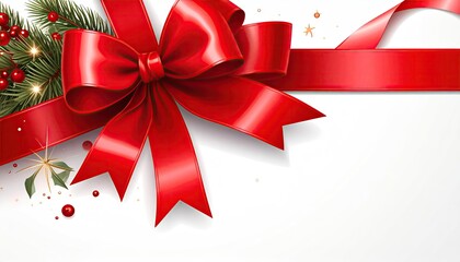 Festive Red Ribbon Bow with Christmas Decorations on White Background.