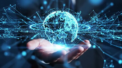 Businessmans hand holding a glowing blue digital earth network, symbolizing global connectivity and future technology - Powered by Adobe