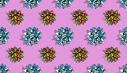 Colorful Gift Bows Pattern on Pink Background.