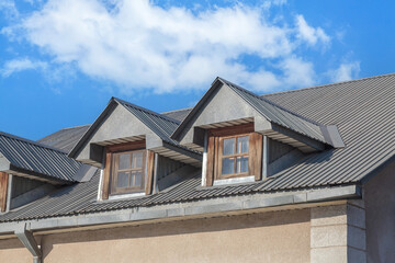 House with a slanted roof and two windows. The roof is made of metal and the windows are wooden. The house is surrounded by a cloudy sky