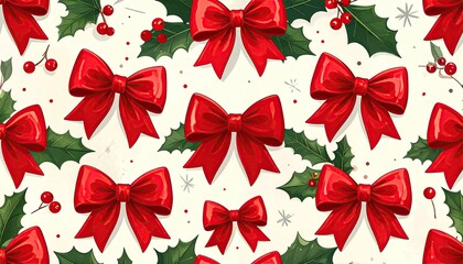 Festive Christmas Bows and Holly Pattern on White Background.