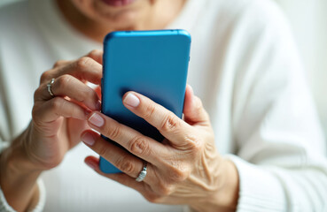 Close up hands of old woman using smartphone. Elderly person holds blue mobile phone, interacts with touchscreen, possibly for banking social apps. Senior female connects online, browses internet on