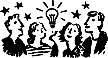 Lightbulb symbolizing ideas with people engaged in creative ideation. Black and white vector illustration depicting interaction in a collaborative set.