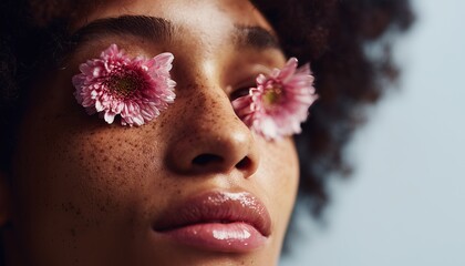 A close-up artistic portrait featuring flowers placed over eyes, blending nature with human expression for a unique visual.
