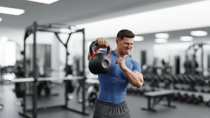 Man exercises with kettlebell in modern gym setting - Powered by Adobe