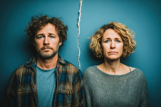 Torn Portrait of a Couple Symbolizing Separation or Divorce. AI generative. - Powered by Adobe