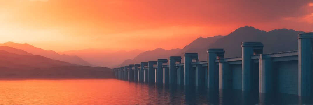 A serene landscape featuring a dam along a tranquil body of water, framed by mountains under a vibrant sunset sky.