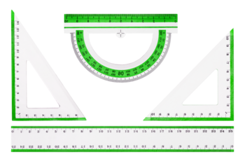 Set of white drafting tools including rulers and protractor isolated on transparent background