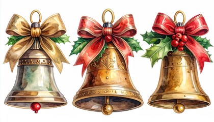 Festive Watercolor Christmas Bells with Bows and Holly.