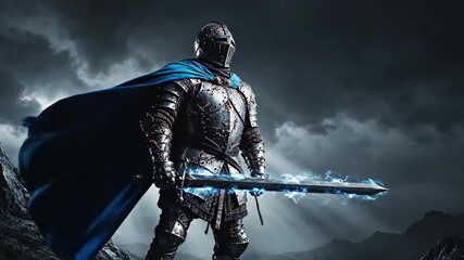 Armored knight with glowing sword and blue cape standing on a mountain under a dramatic sky