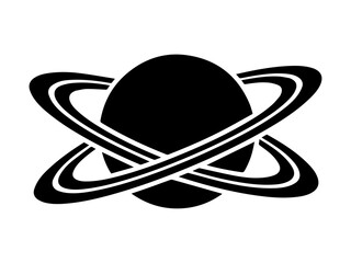 Stylized black planet with intersecting rings, simple graphic design.