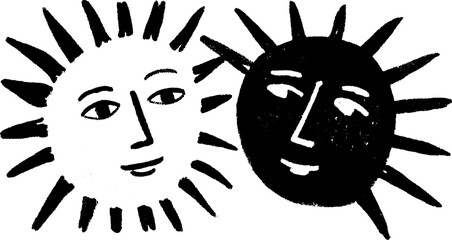 Sun faces in a simple vector illustration. This graphic design features playful elements, showcasing contrasting black and white styles in a set.