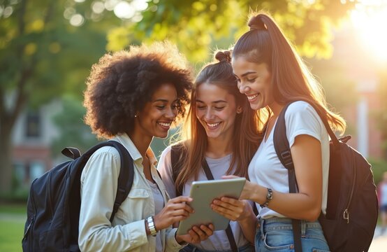 Diverse college women students smile, use a tablet outdoors on university campus. Friends work together, share screen, laughing, enjoying bright sunshine. Happy girls connect with tech for project.