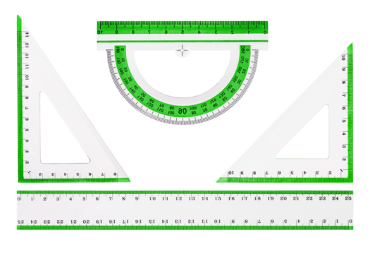 Set of white drafting tools including rulers and protractor isolated on transparent background