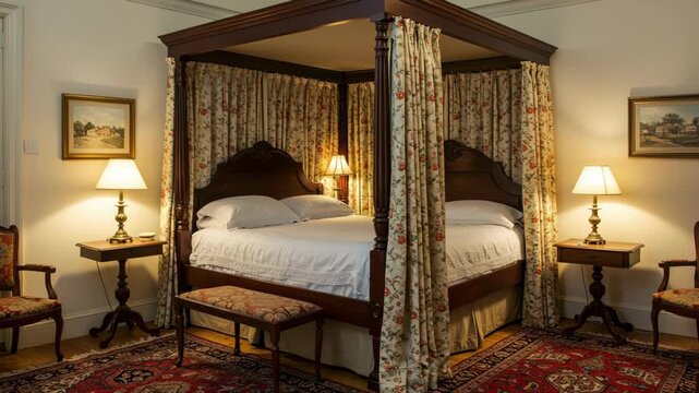A cozy vintage bedroom featuring a four-poster bed with warm lighting, classic furniture, and elegant decor creating a tranquil and inviting atmosphere.