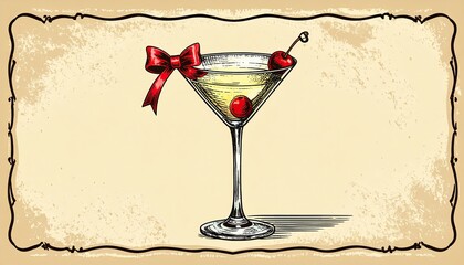 Elegant Cocktail Glass with Cherry and Ribbon Decoration.