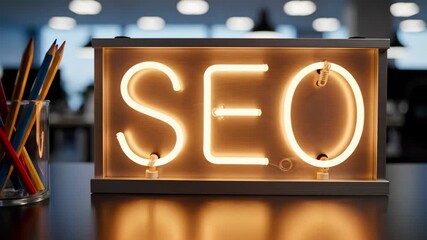 Bright neon sign spelling seo on a dark office desk with colorful pencils, symbolizing digital marketing
