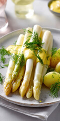 White Asparagus with Potatoes and Hollandaise Sauce &ndash; Spring Seasonal Dish. AI generative.