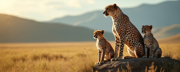 Mother cheetah and two cubs sit on rock formation looking left. Dry grass savanna landscape during sunset. Background hills, copy space for text.