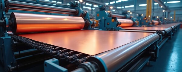Industrial photo shows copper foil production line in modern factory. Manufacturing process involves rolling metal sheets. Industrial equipment works in factory plant. Image highlights tech