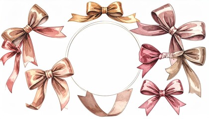 Elegant Watercolor Bows and Ribbons with a Circular Frame.