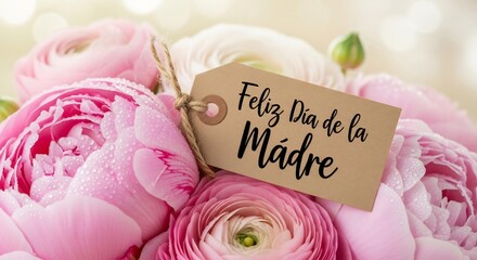 Close-up Peony Bouquet with "Feliz D&iacute;a de la Madre" Gift Tag