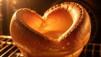 Perfectly puffed golden yorkshire pudding baking in a hot oven, showcasing its crispy exterior and hollow interior, ready for a traditional british family meal.