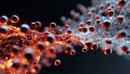 Close-up of vibrant red molecules dynamically interacting in a fluid network, embodying concepts of science, energy, and innovation.