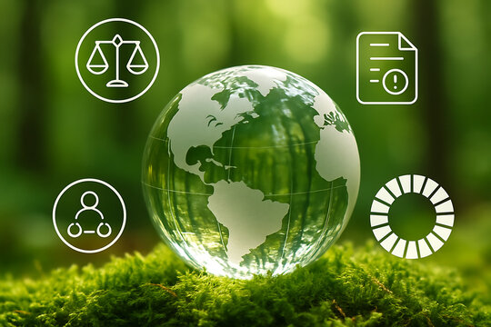Glass earth globe on bright green moss with icons for legal balance, global partnership, warning notice, and circular sustainability diagram in a blurred forest