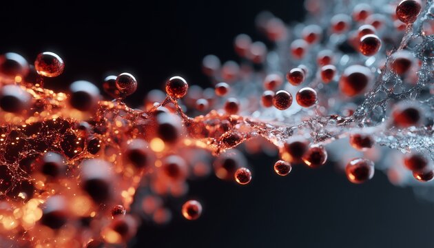 Close-up of vibrant red molecules dynamically interacting in a fluid network, embodying concepts of science, energy, and innovation.