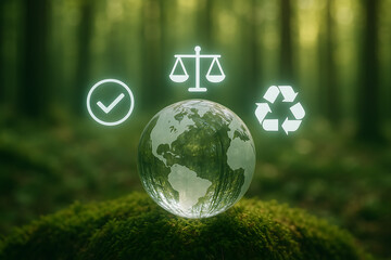 A glass globe showing earth map sitting in a deep green forest with three glowing white icons representing checkmark justice and recycling concept of global environmental law and sustainability