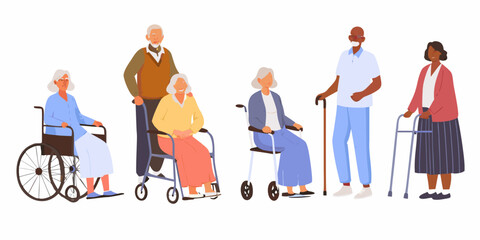 Diverse group of senior citizens with mobility aids illustration