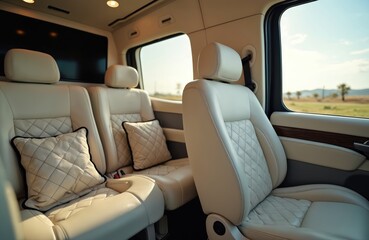 Luxurious van interior features comfortable leather seats and decorative pillows. The elegant design emphasizes a premium, modern feel. Ideal for business or leisure travel offering comfort and style.