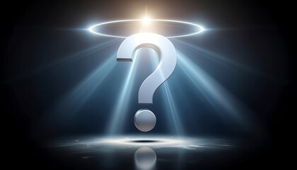 Shiny silver question mark symbol floating dramatically in dark spotlight background space