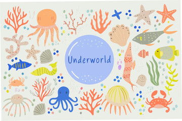 Colorful underworld sea life illustration with fish coral and marine animals