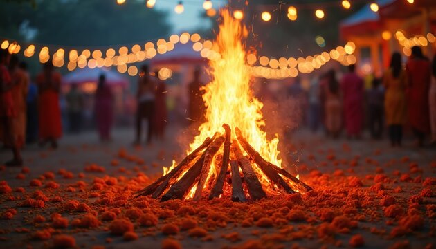 People celebrate Holika Dahan with big fire. Bonfire burns brightly in festive setting. Orange flowers on ground. Strings of lights hang above. People gathered around in traditional Indian clothing.