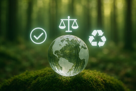 A glass globe showing earth map sitting in a deep green forest with three glowing white icons representing checkmark justice and recycling concept of global environmental law and sustainability