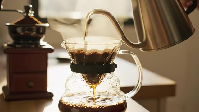 Pouring hot water into a pourover coffee maker with a manual grinder nearby
