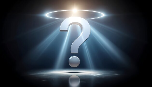 Shiny silver question mark symbol floating dramatically in dark spotlight background space