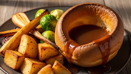 Golden yorkshire pudding with rich gravy, accompanied by crispy roast potatoes, tender parsnips, and vibrant brussels sprouts, for a traditional british feast.