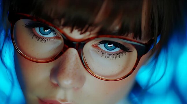 Extreme close-up of young woman with blue eyes and freckles wearing red glasses looking intently against a blue neon background