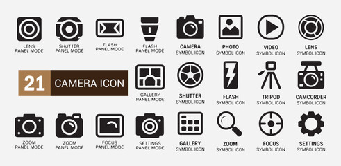 21 camera icon set with lens shutter flash gallery tripod camcorder zoom focus settings