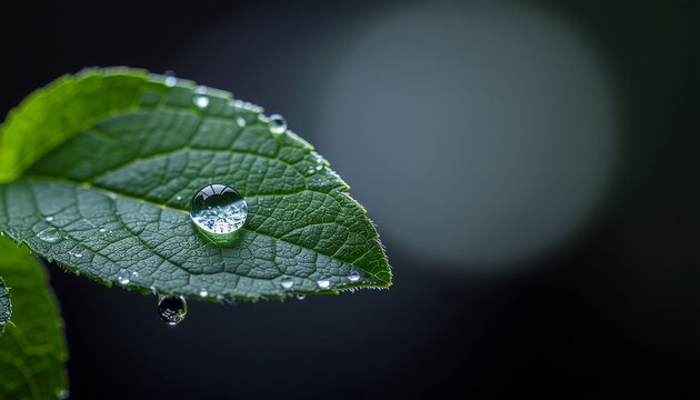 Stunning close up shot showing crystal clear drop of water dew suspended on tip of fresh green leaf dark background. - Powered by Adobe