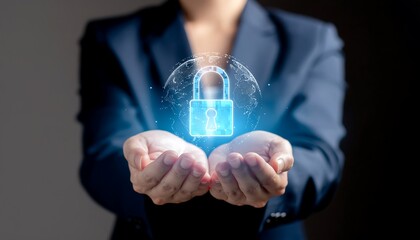 Business person holding hologram of glowing padlock inside sphere symbolizing global internet data security protection
