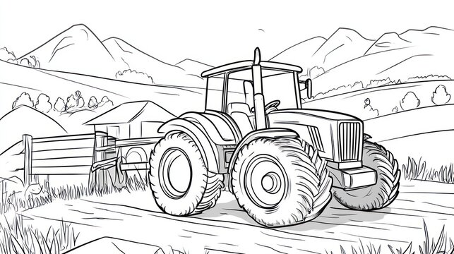 Farm tractor in a rural landscape coloring book