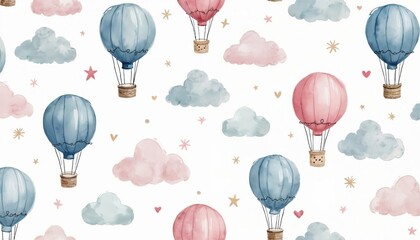 Watercolor seamless pattern with blue and pink hot air balloons clouds stars and hearts. Delicate pastel colors ideal for baby nursery decor nursery wall art and children textiles.