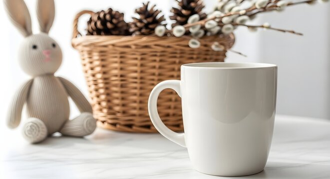 Cozy easter morning still life with coffee mug bunny and wicker basket - Powered by Adobe