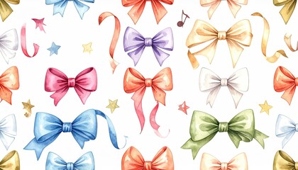 Watercolor Bows Pattern on White Background - Festive and Elegant Design.